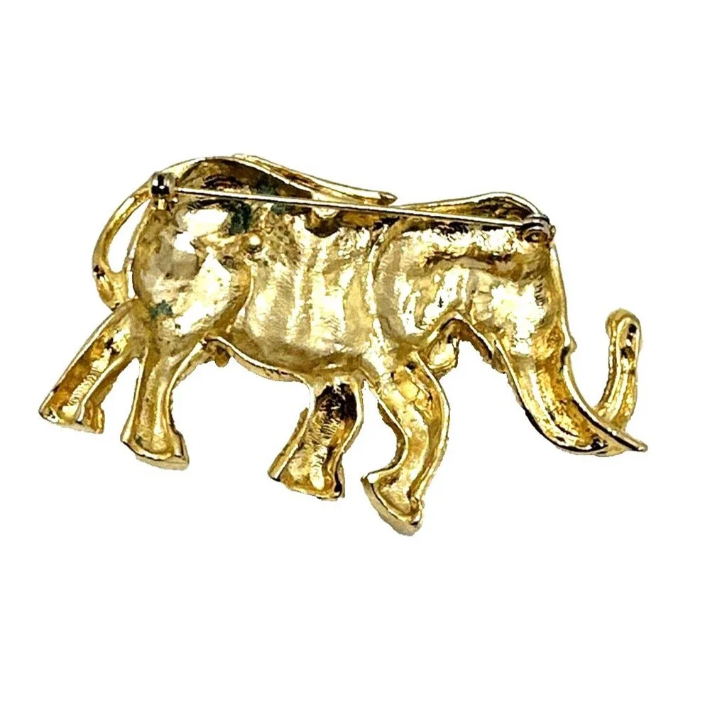 Vintage Indian Elephant Brooch Diamond Pattern Green Enamel Gold Tone Pin 3